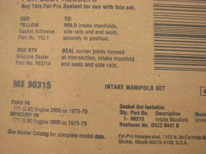 Fel-pro MS90315 Engine Intake Manifold Gasket Set For 1975-1979 Ford 2.8L-V6
