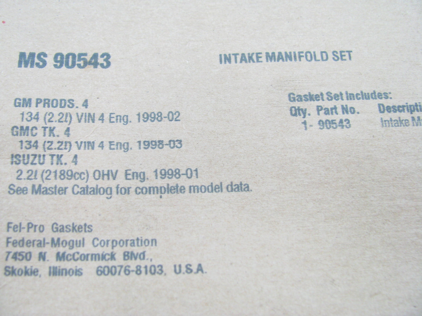 Fel-pro MS90543 Intake Manifold Gasket For 1998-2003 Chevrolet 2.2L-L4
