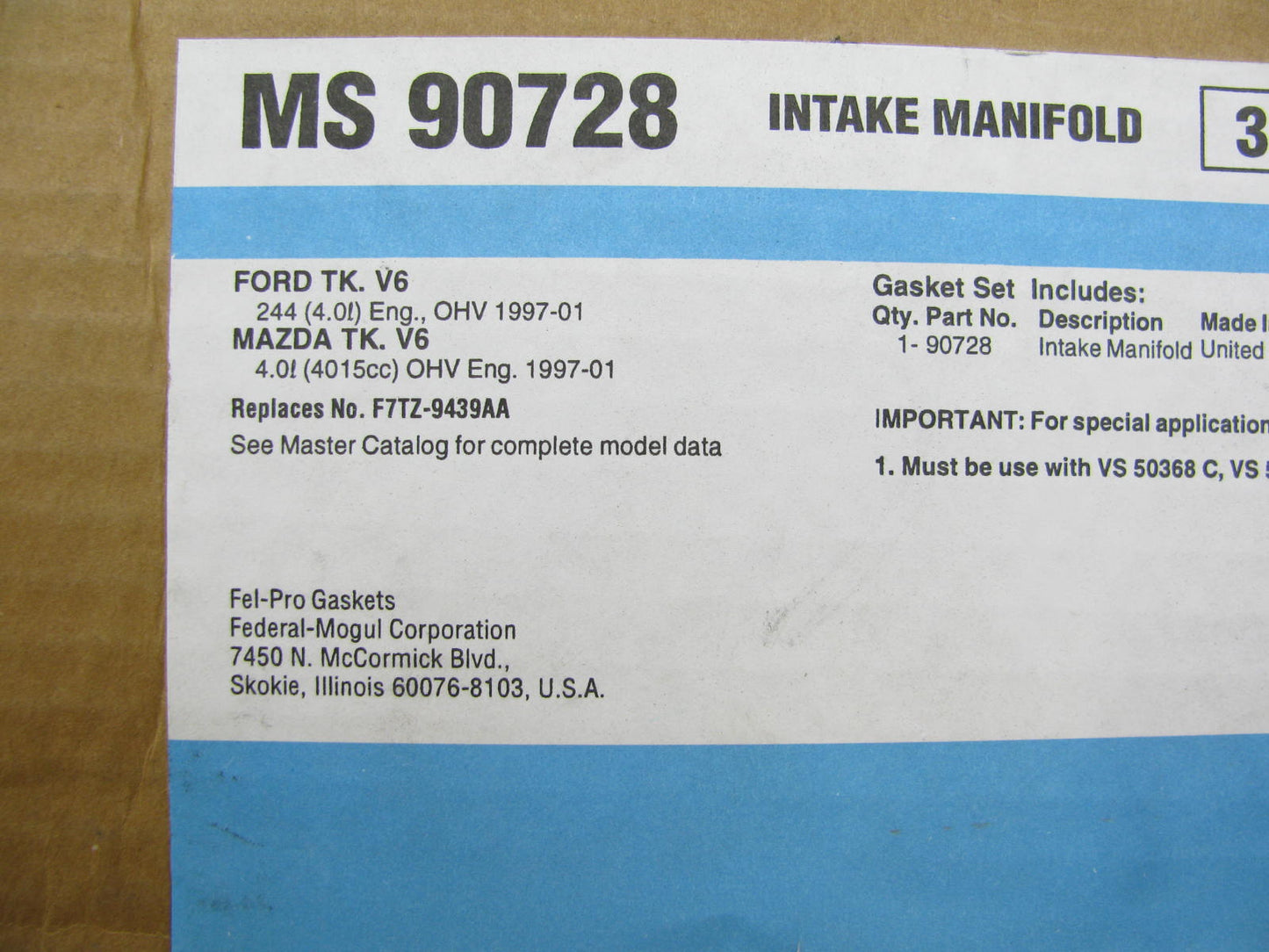 Fel-pro MS90728 Lower Intake Manifold Gasket For 1997-2000 Ford Mazda 4.0L-V6