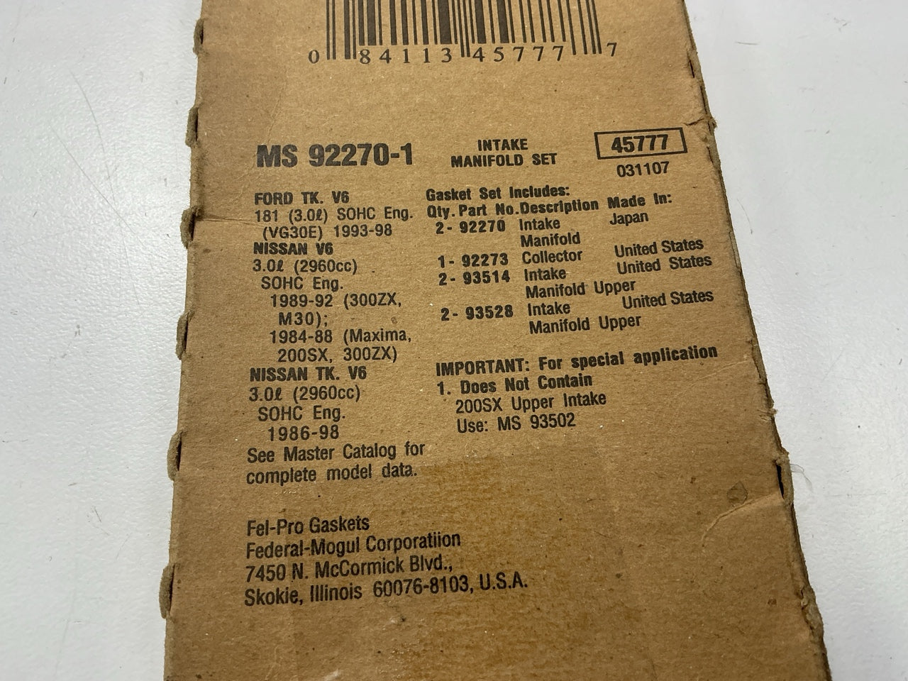 Fel-Pro MS92270-1 Intake Manifold Gasket Set For 1984-1989 Nissan Z31 300ZX VG30