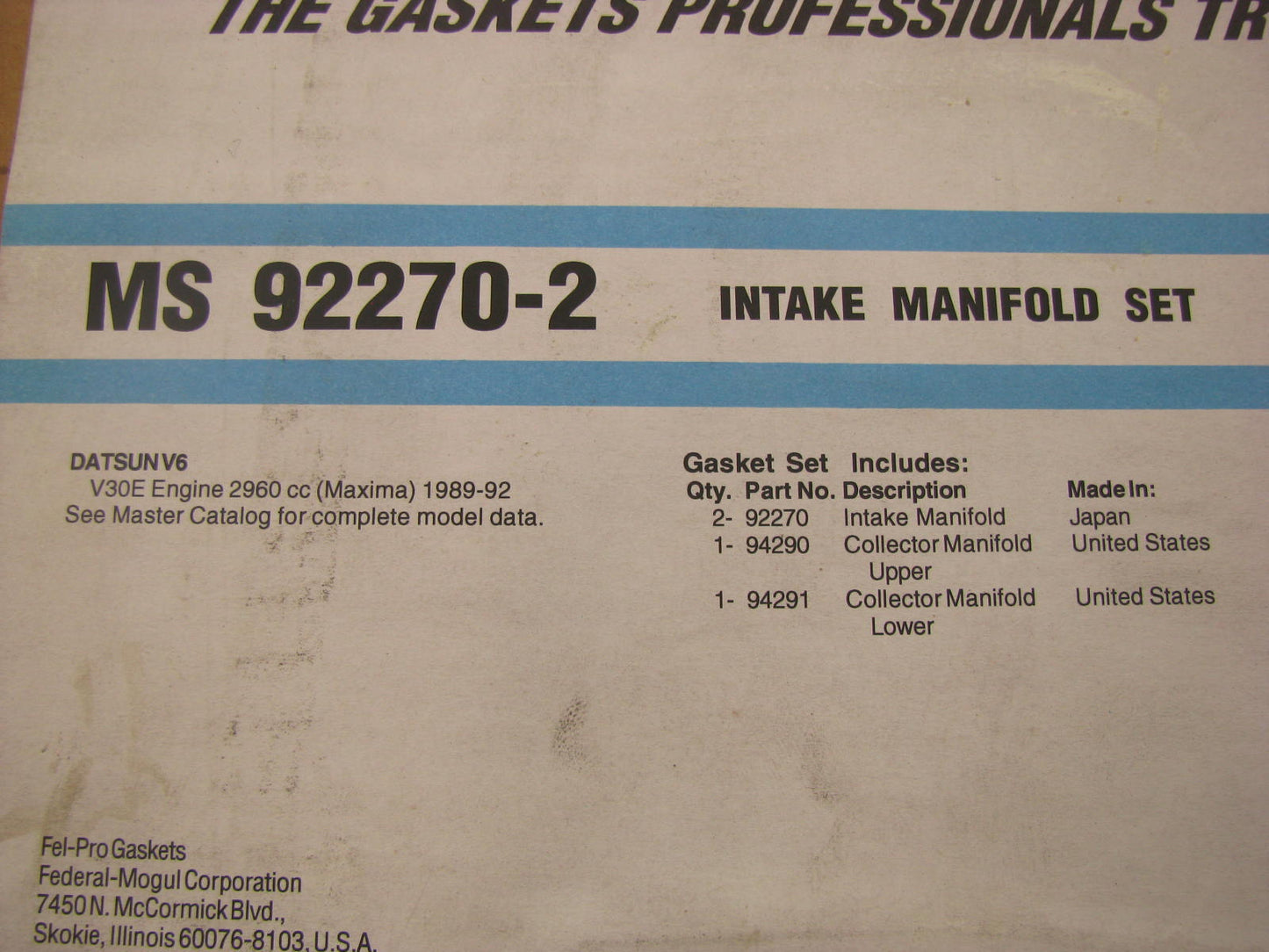 Fel-pro MS92270-2 Intake Manifold LOWER Gasket Set For 1989-1994 Nissan Maxima