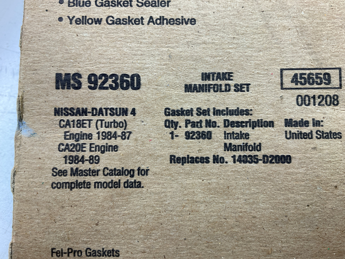 Fel-pro MS92360 LOWER Intake Manifold Gasket For 84-89 Nissan 1.8L 2.0L I4