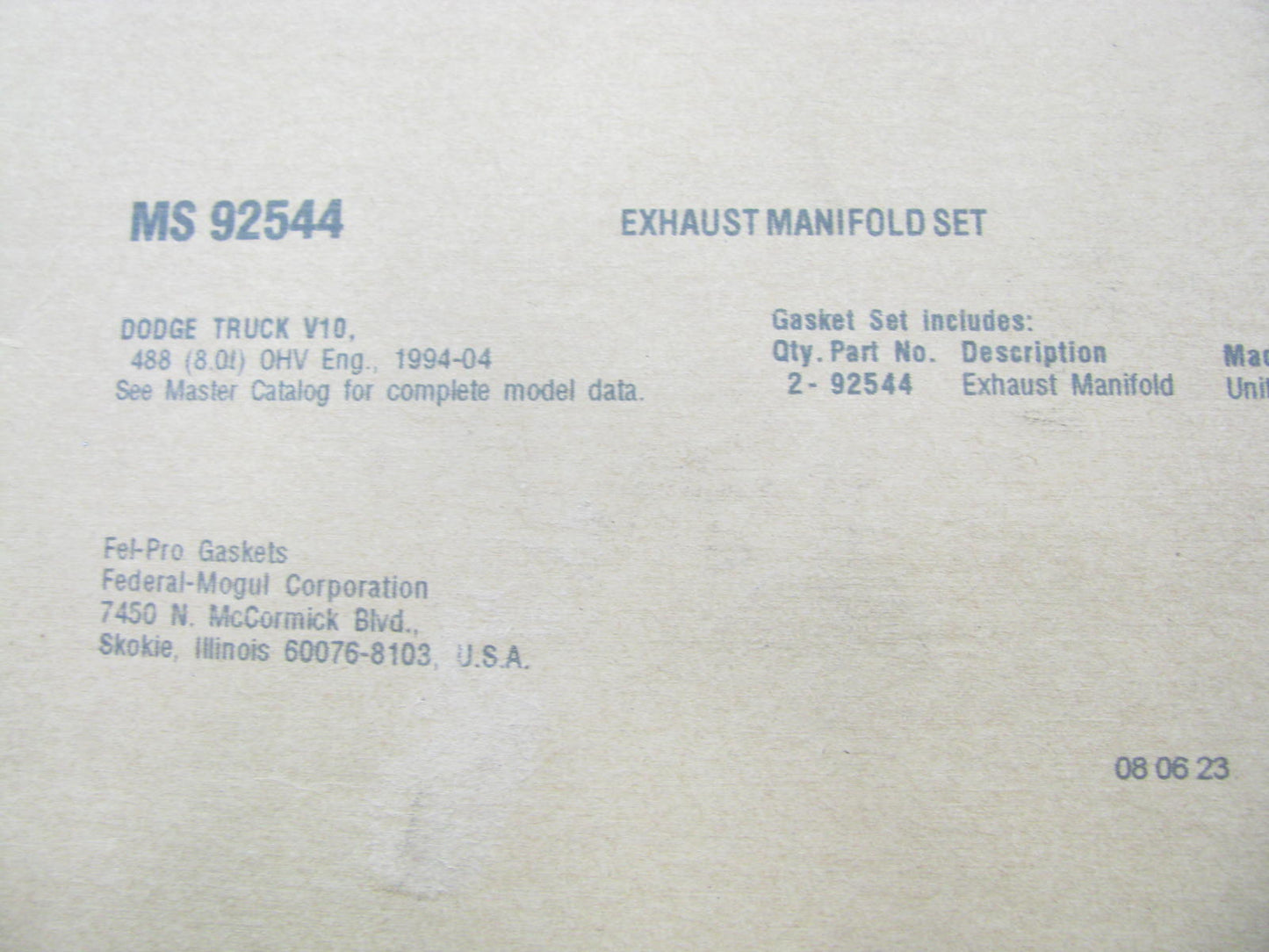 Fel-pro MS92544 Exhaust Manifold Gasket Set  For 1994-03 Ram 2500 3500 8.0L V10
