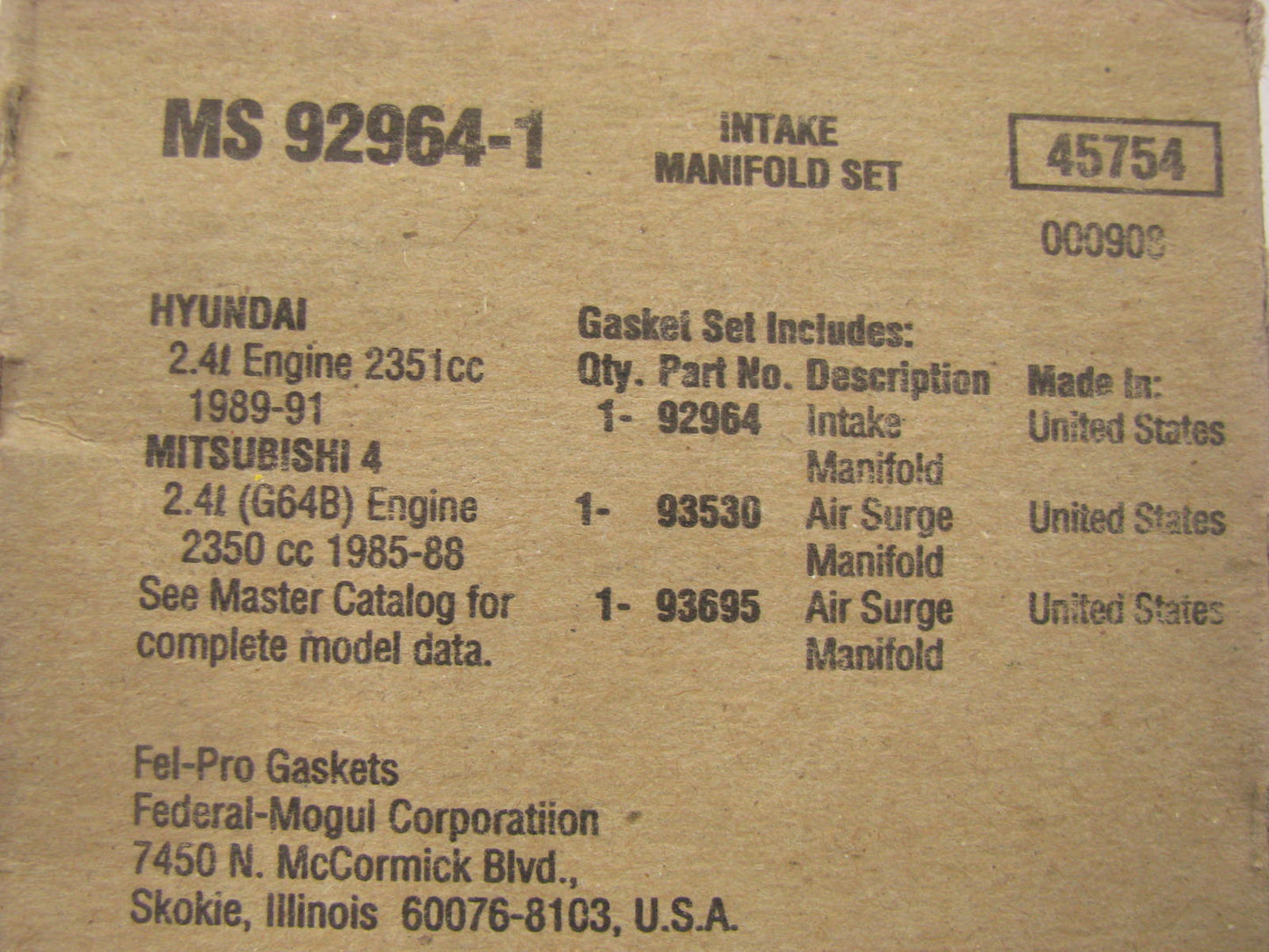 Fel-pro MS92964-1 Engine Intake Manifold Gasket Set For 1985-91 Mitsubishi 2.4L