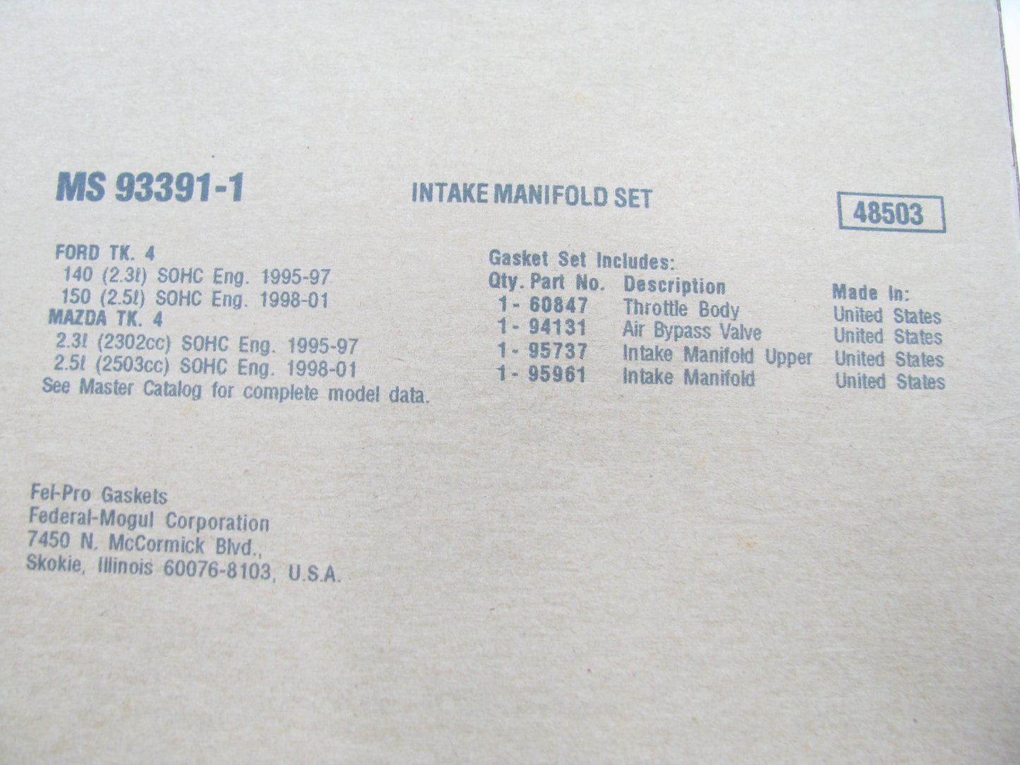 Fel-Pro MS93391-1 Intake Manifold Gasket Set 95-01 Ranger B2300 B2500 2.3L 2.5L