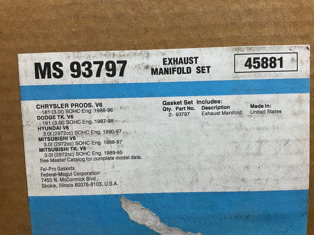 FEL-PRO MS93797 Exhaust Manifold Gasket For 1987-1998 Dodge 3.0L 181 V6