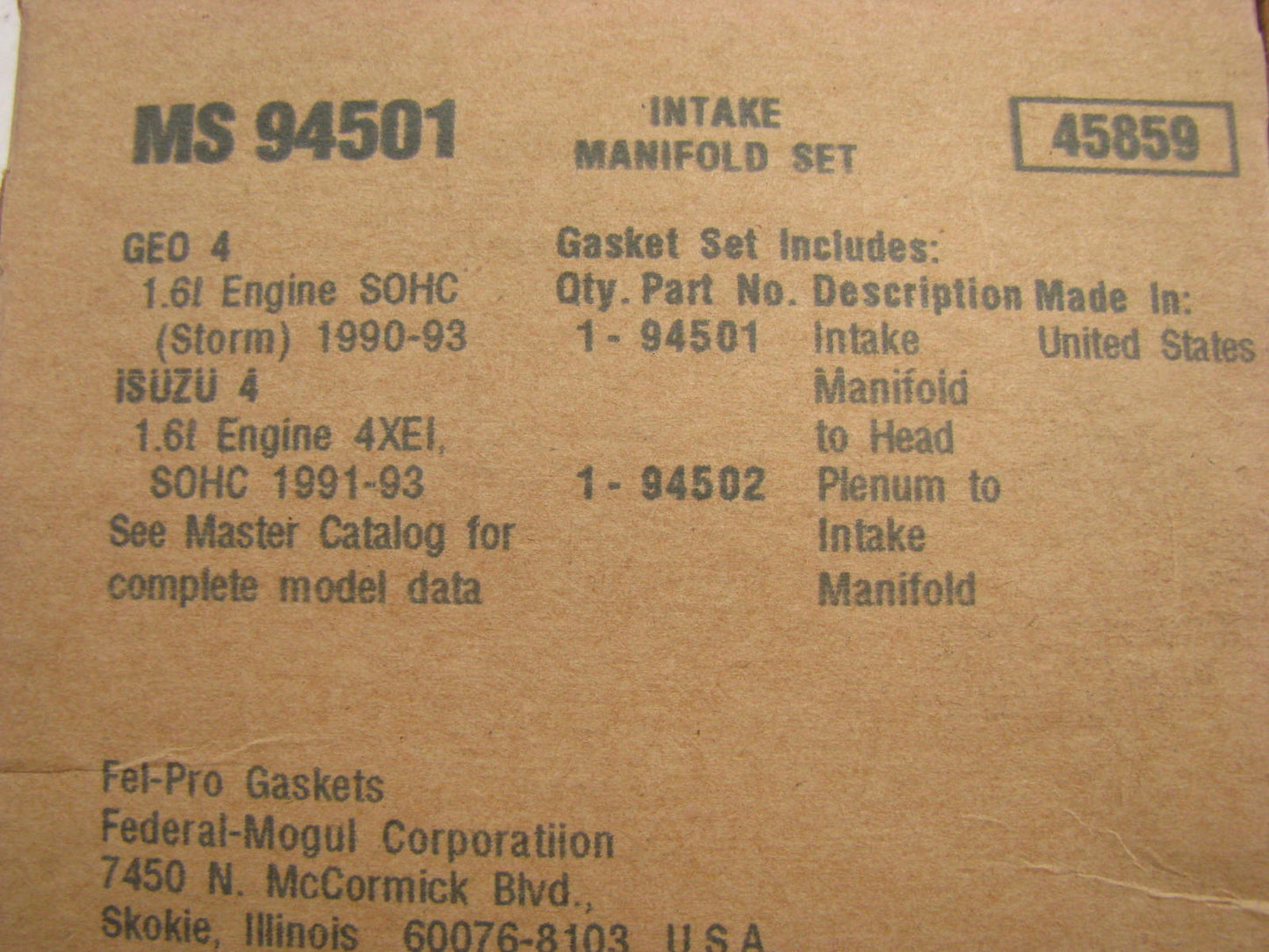 FEL-PRO MS94501 Intake Manifold Upper Gasket Set - 1991-93 Geo Storm Stylus 1.6L