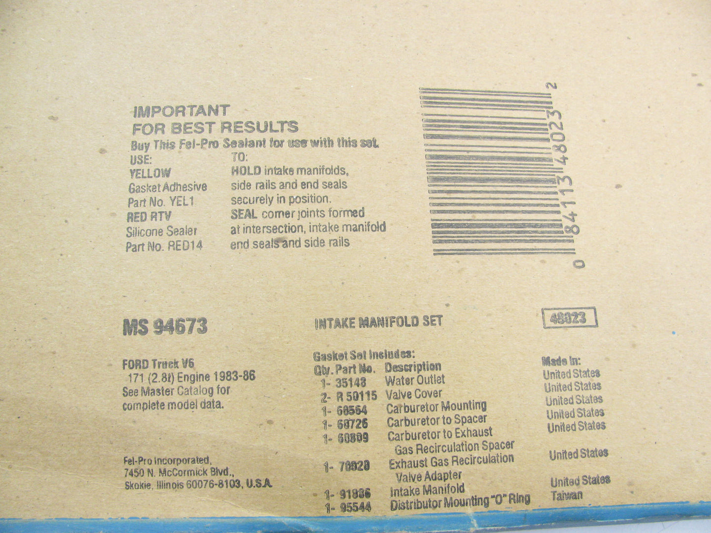 Fel-pro MS94673 Engine Intake Manifold Gasket - 1983-1986 Ford 2.8L Cologne V6