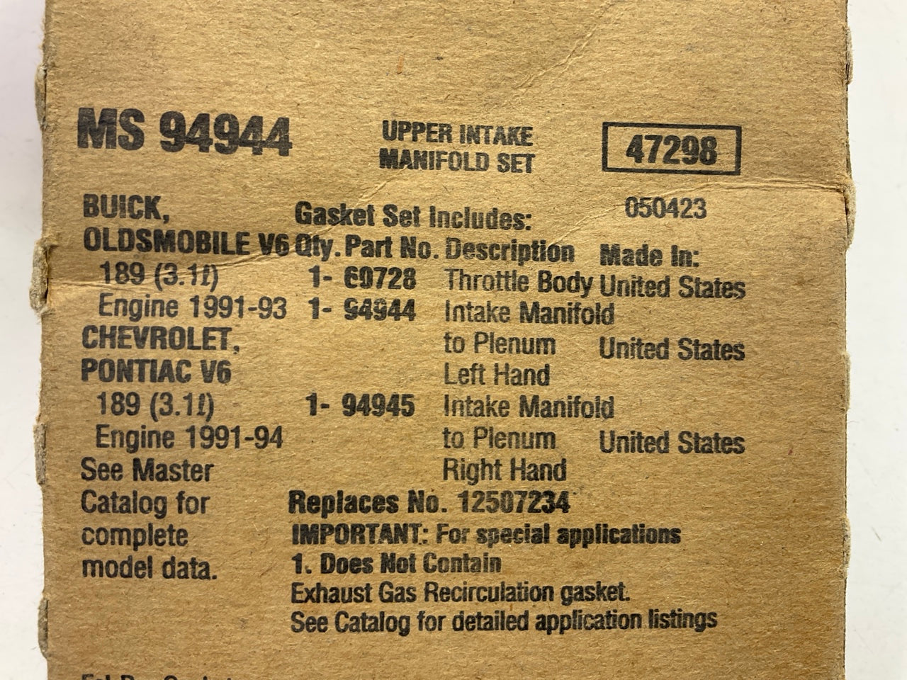 Fel-pro MS94944 UPPER Fuel Injection Plenum Gasket Set 3.1L 189Cu. V6