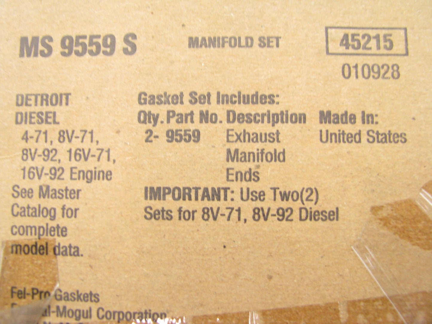 Fel-Pro MS9559S Exhaust Manifold Gasket Detroit 4-71 8V71 8V-92 16V-71 16V-92