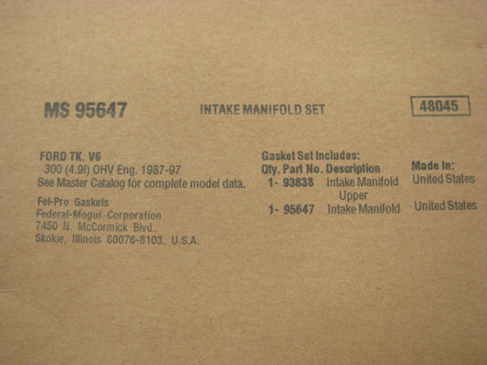 Fel-pro MS95647 Intake Manifold Gasket Set - 1987-1996 Ford 4.9L 300 L6 Inline-6
