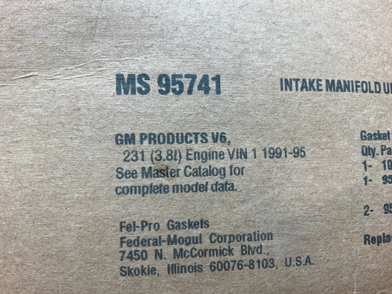 Fel-pro MS95741 Fuel Injection Plenum Gasket Set 1991-95 Buick Olds Pontiac 3.8L