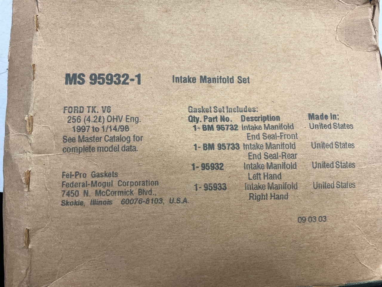 Fel-Pro MS95932-1 Lower Intake Manifold Gasket Set 97-98 Ford F-150 E150 4.2L V6