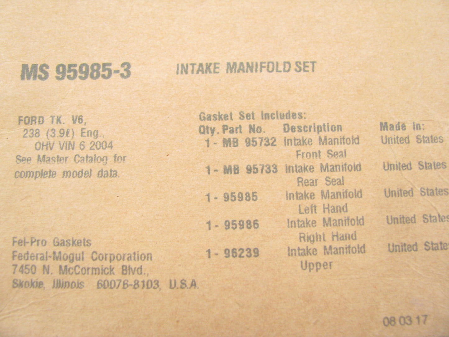 Fel-Pro MS95985-3 Intake Manifold Gasket Set 2004 Freestar Monterey 3.9L 4.2L V6