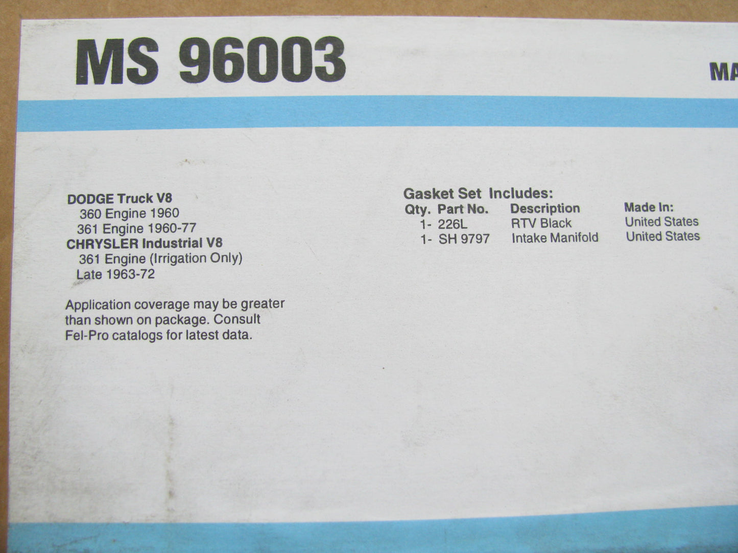 Fel-pro MS96003 Valley Pan Gasket Set For 1968-1970 Dodge Truck 360 361