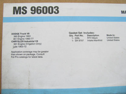 Fel-pro MS96003 Valley Pan Gasket Set For 1968-1970 Dodge Truck 360 361