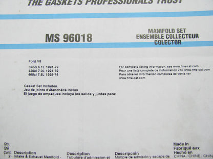Fel-Pro MS96018 Intake Manifold Valley Pan Gasket Set 74-97 Ford Lincoln 7.5L V8