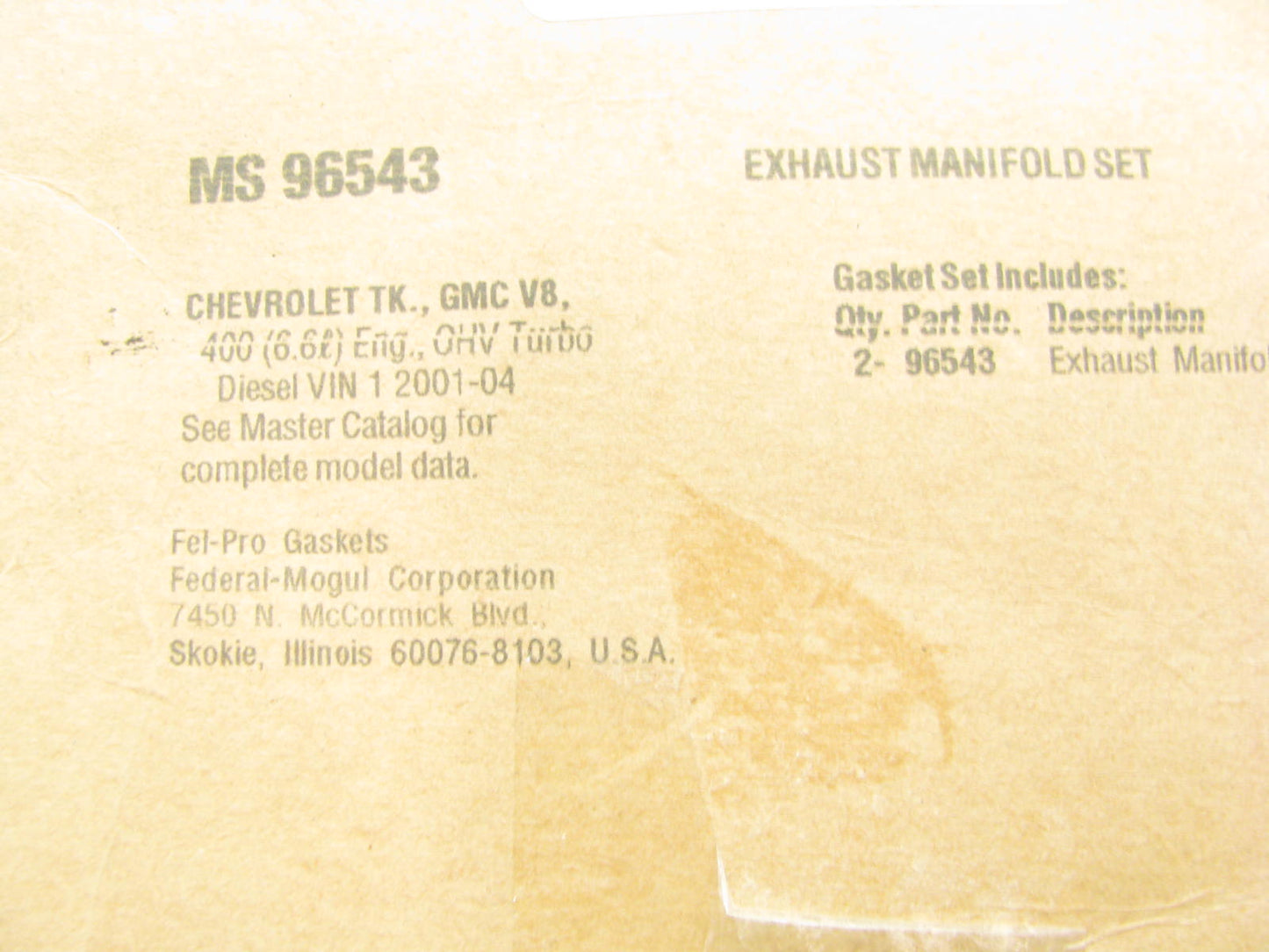 Fel-pro MS96543 Exhaust Mainfold Gasket for Chevy GMC 2001-2005 6.6L Diesel