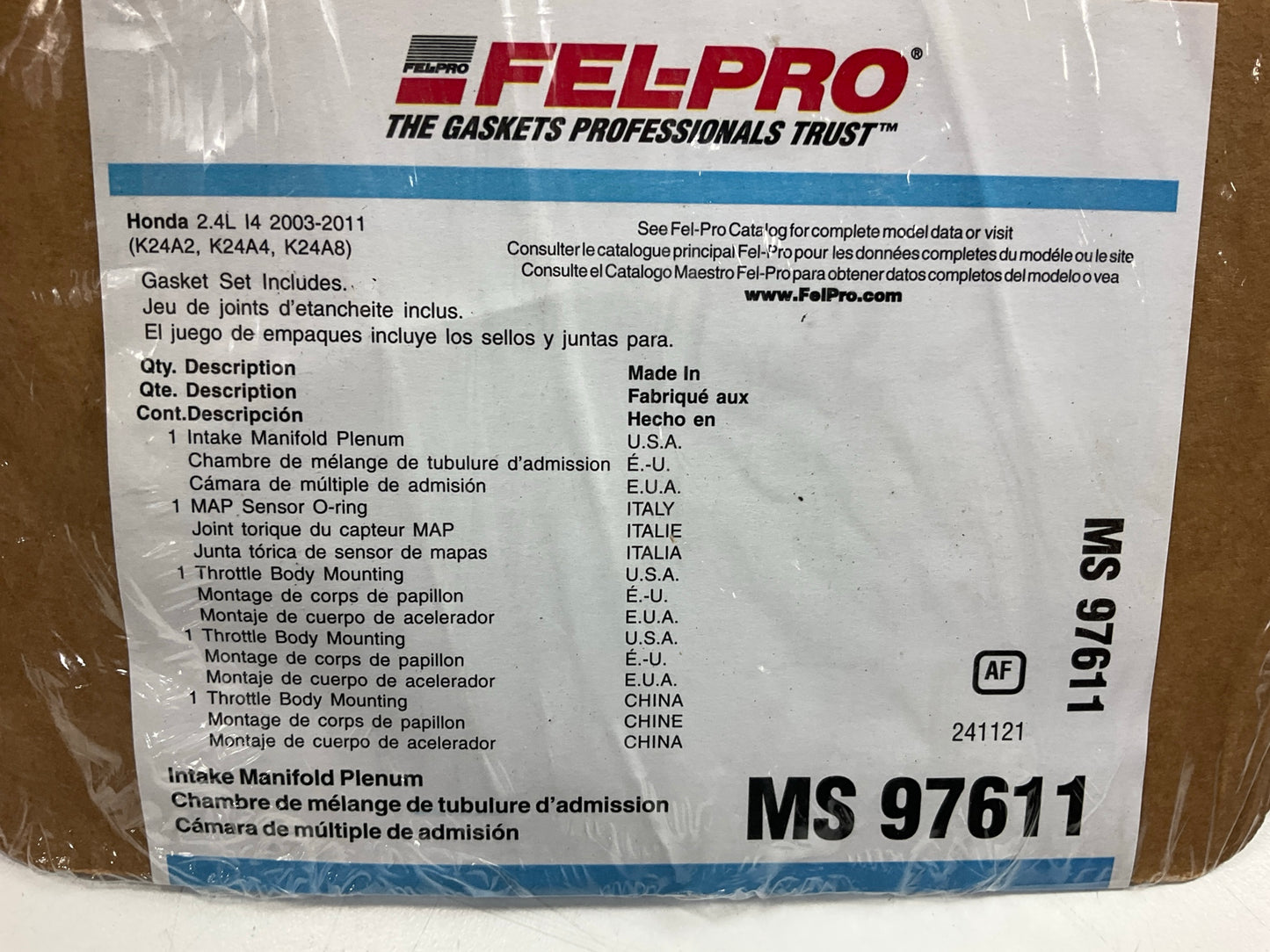 Fel-Pro MS97611 Fuel Injection Plenum Gasket Set For 2003-2011 Honda 2.4L-L4