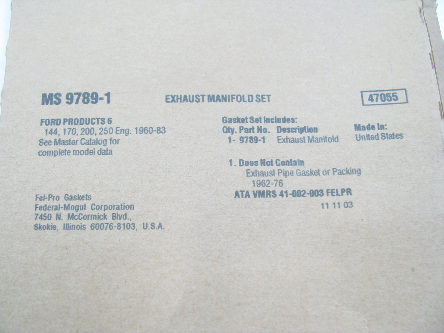 Fel-pro MS9789-1 Exhaust Manifold Gasket Set 1962-1974 Ford 144 170 200 250-L6