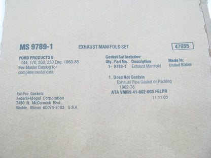Fel-pro MS9789-1 Exhaust Manifold Gasket Set 1962-1974 Ford 144 170 200 250-L6