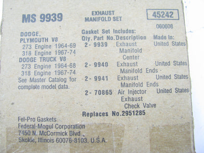 Fel-Pro MS9939 Exhaust Manifold Gasket Set For 1964-1974 Dodge 273 318 - V8