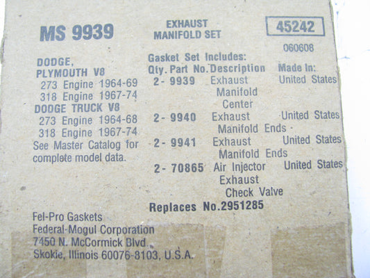 Fel-Pro MS9939 Exhaust Manifold Gasket Set For 1964-1974 Dodge 273 318 - V8