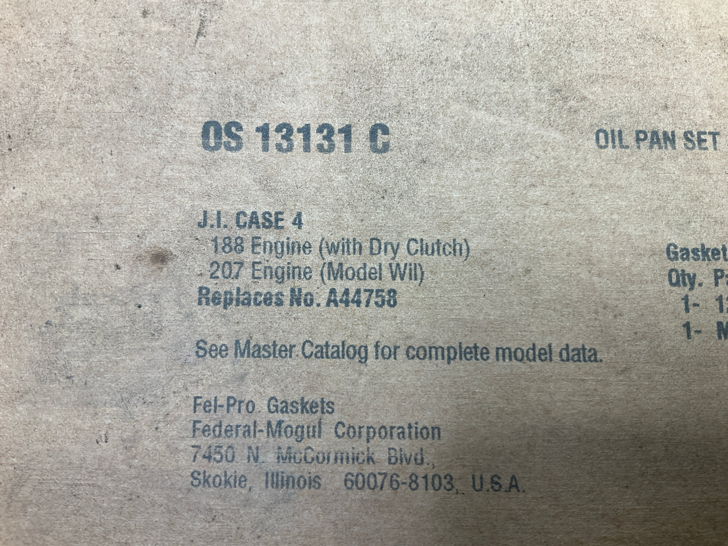 Fel-Pro OS13131C Engine Oil Pan Gasket For Case Tractor 188, 207