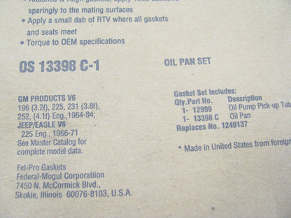 Fel-Pro OS13398C1 Engine Oil Pan Gasket Set 1964-84 Buick Pontiac 225 231 252 V6