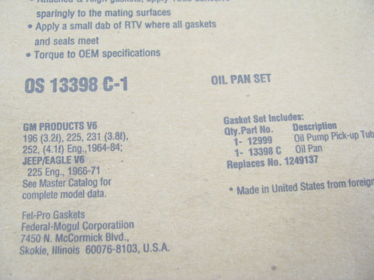 Fel-Pro OS13398C1 Engine Oil Pan Gasket Set 1964-84 Buick Pontiac 225 231 252 V6