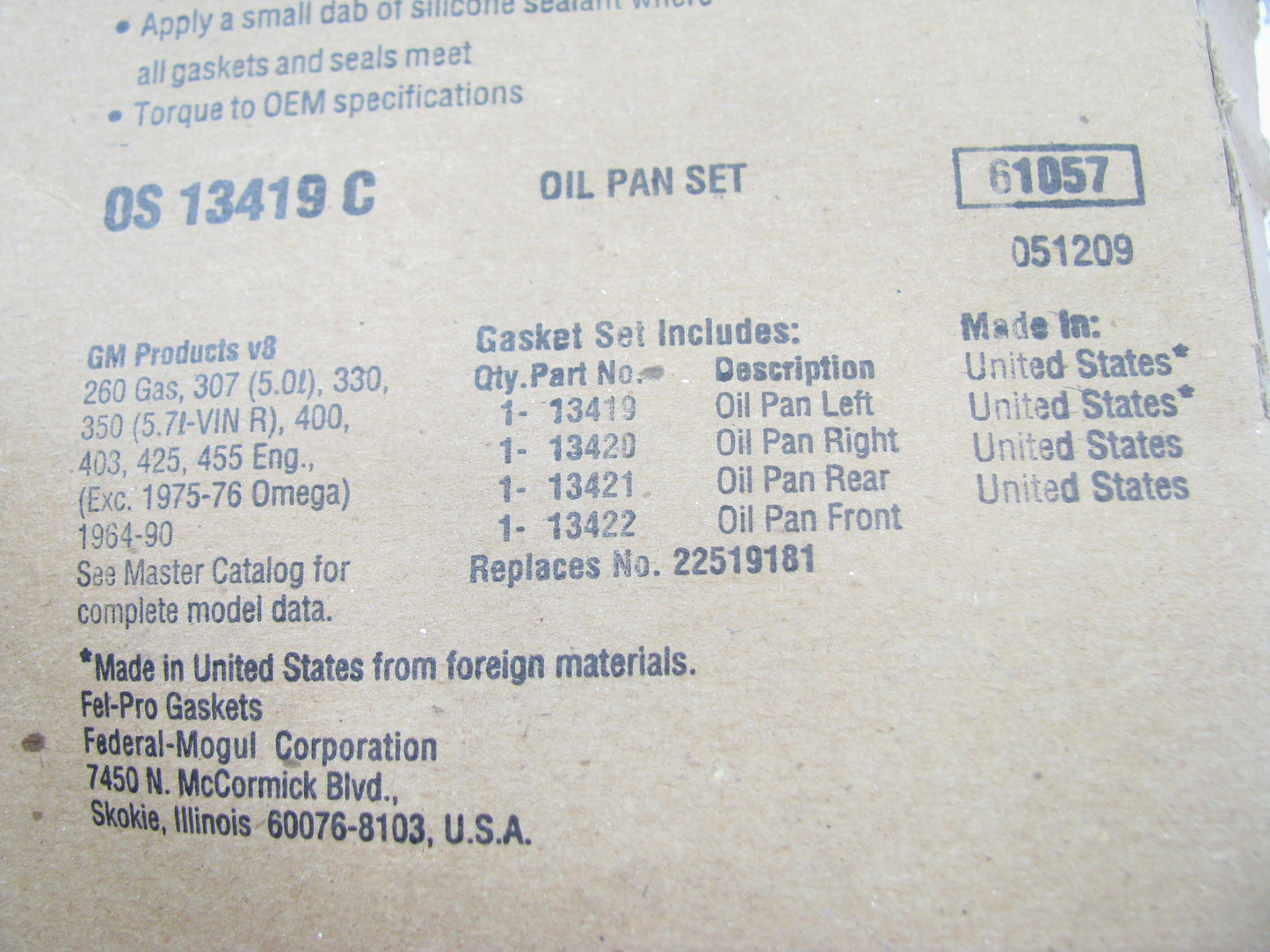 Fel-pro OS13419C Engine Oil Pan Gasket - Oldsmobile Olds 400 425 455 V8