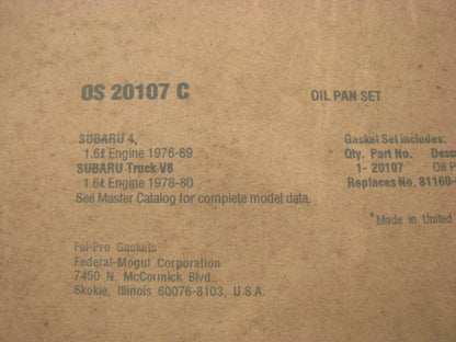 Fel-pro OS20107C Engine Oil Pan Gasket For 1976-1980 Subaru 1.6L-H4