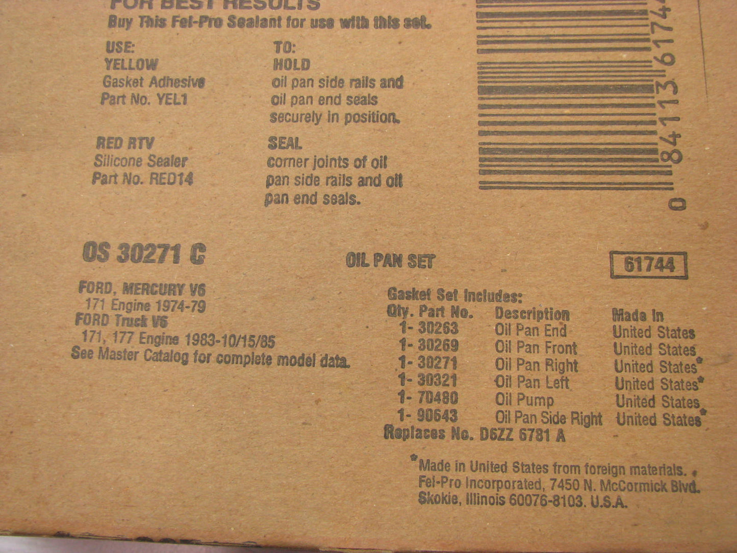 Fel-Pro OS30271C Engine Oil Pan Gasket Set 72-86 Ford Mercury 2.6L 2.8L 2.9L V6