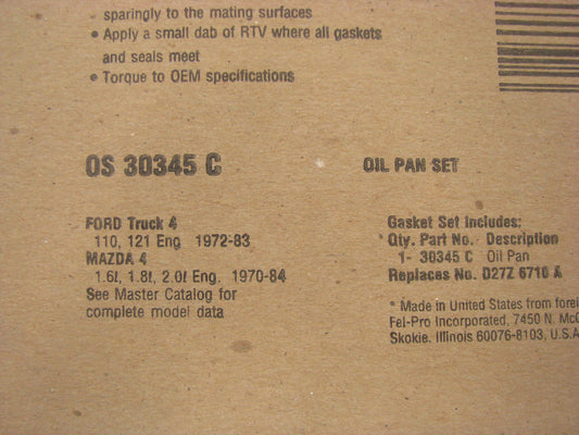 Fel-pro OS30345C Engine Oil Pan Gasket for 1970-1984 Ford Mazda 1.6L 1.8L 2.0L