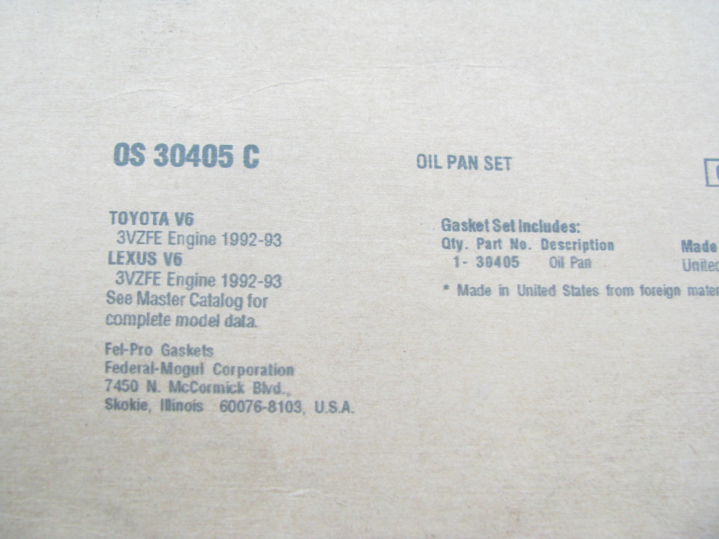 FEL-PRO OS30405C Engine Oil Pan Gasket For 1992-1993 Toyota Lexus 3.0L V6 DOHC