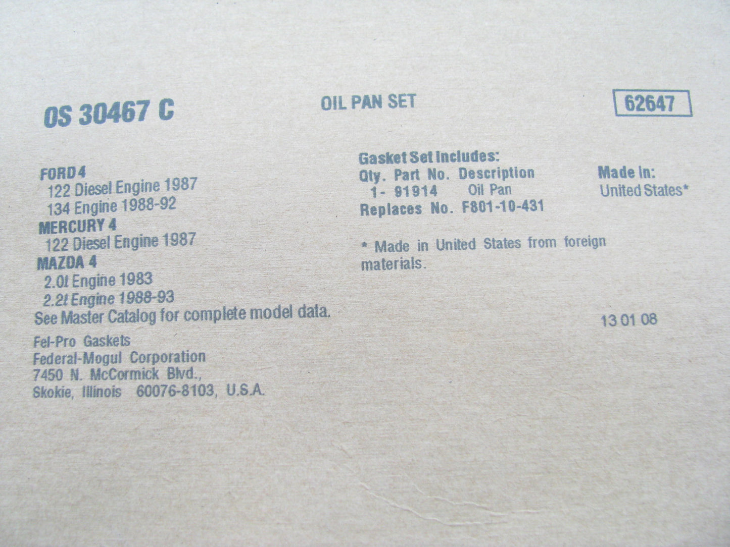 Fel-Pro OS30467C LOWER Engine Oil Pan Gasket 83-93 Mazda Ford 2.0L 2.2L I4 SOHC