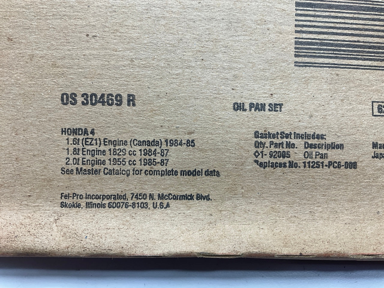 Fel-Pro OS30469R Engine Oil Pan Gasket 1983-89 Honda Accord 1.8L 2.0L I4