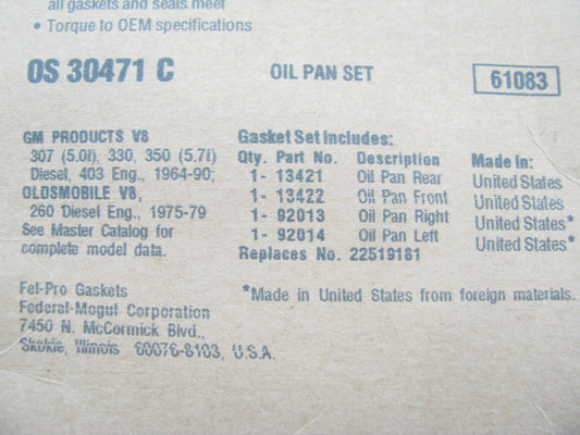 Fel-Pro OS30471C Engine Oil Pan Gasket Set 64-90 Chevrolet Buick 350 400 425 455