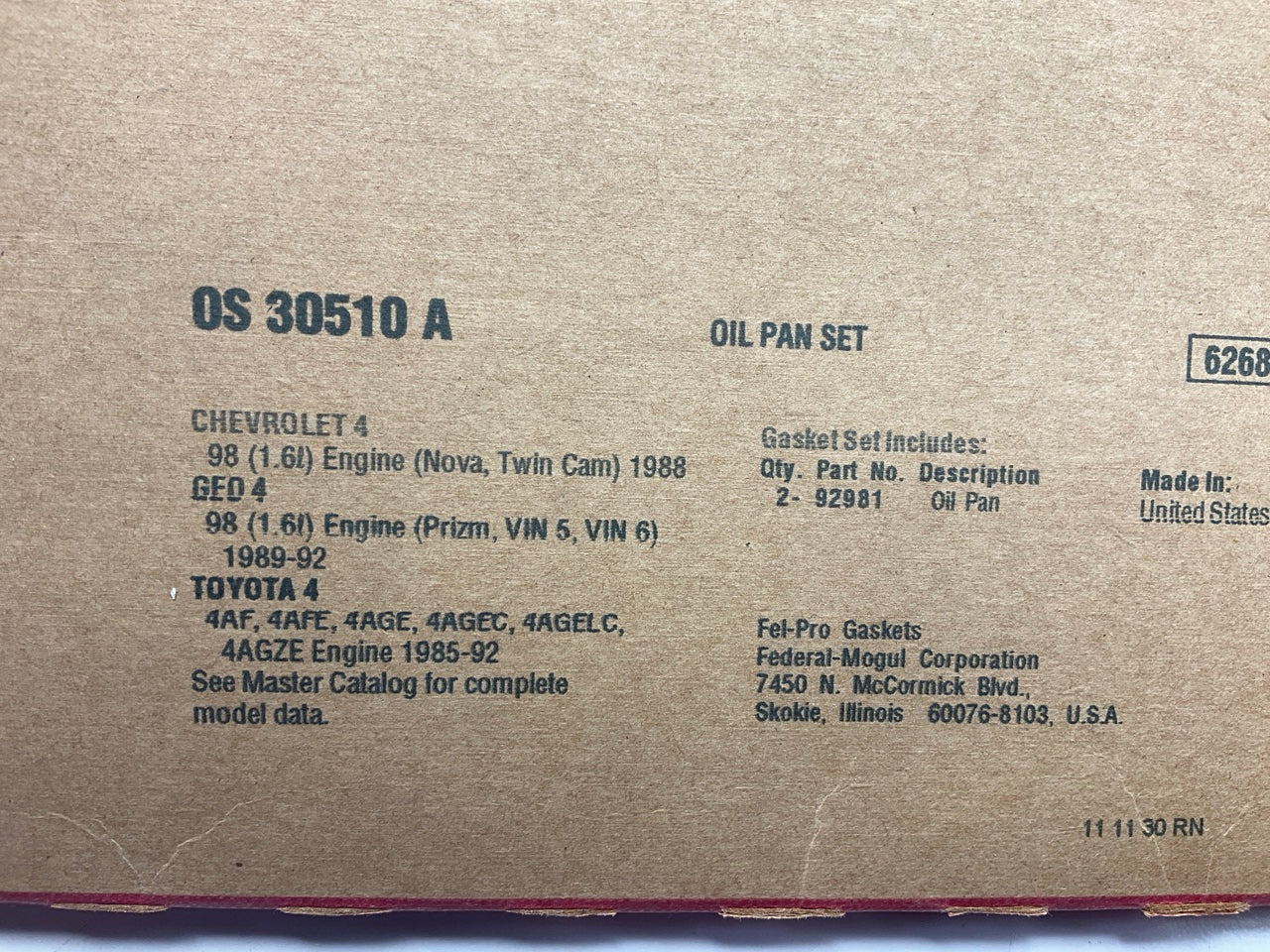 Fel-Pro OS30510A Engine Oil Pan Gasket Set 90-93 Celica, 89-92 Corolla 1.6L DOHC