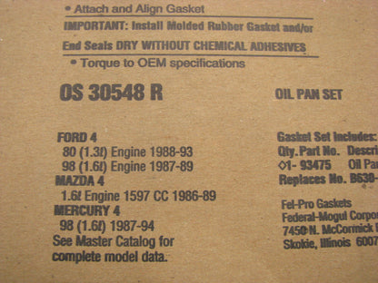 Fel-pro OS30548R Engine Oil Pan Gasket - 1986-1994 Ford, Mazda 1.3L 1.6L
