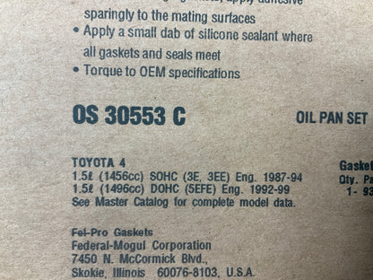 Fel-Pro OS30553C Engine Oil Pan Gasket 1987-99 Toyota 1.5L I4