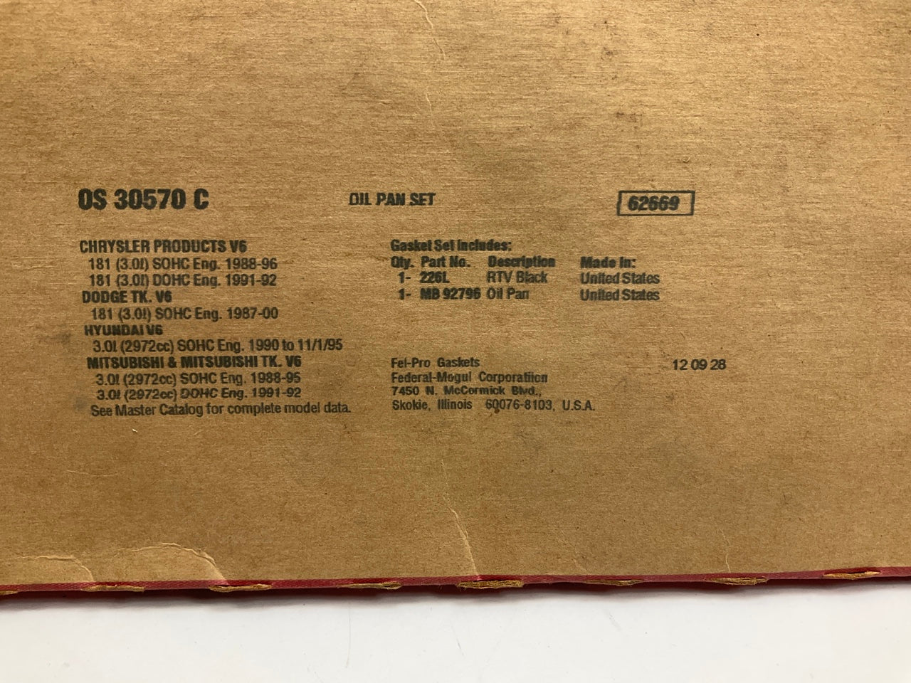 Fel-pro OS30570C Engine Oil Pan Gasket For 1990-1994 Mitsubishi Mighty Max 3.0L