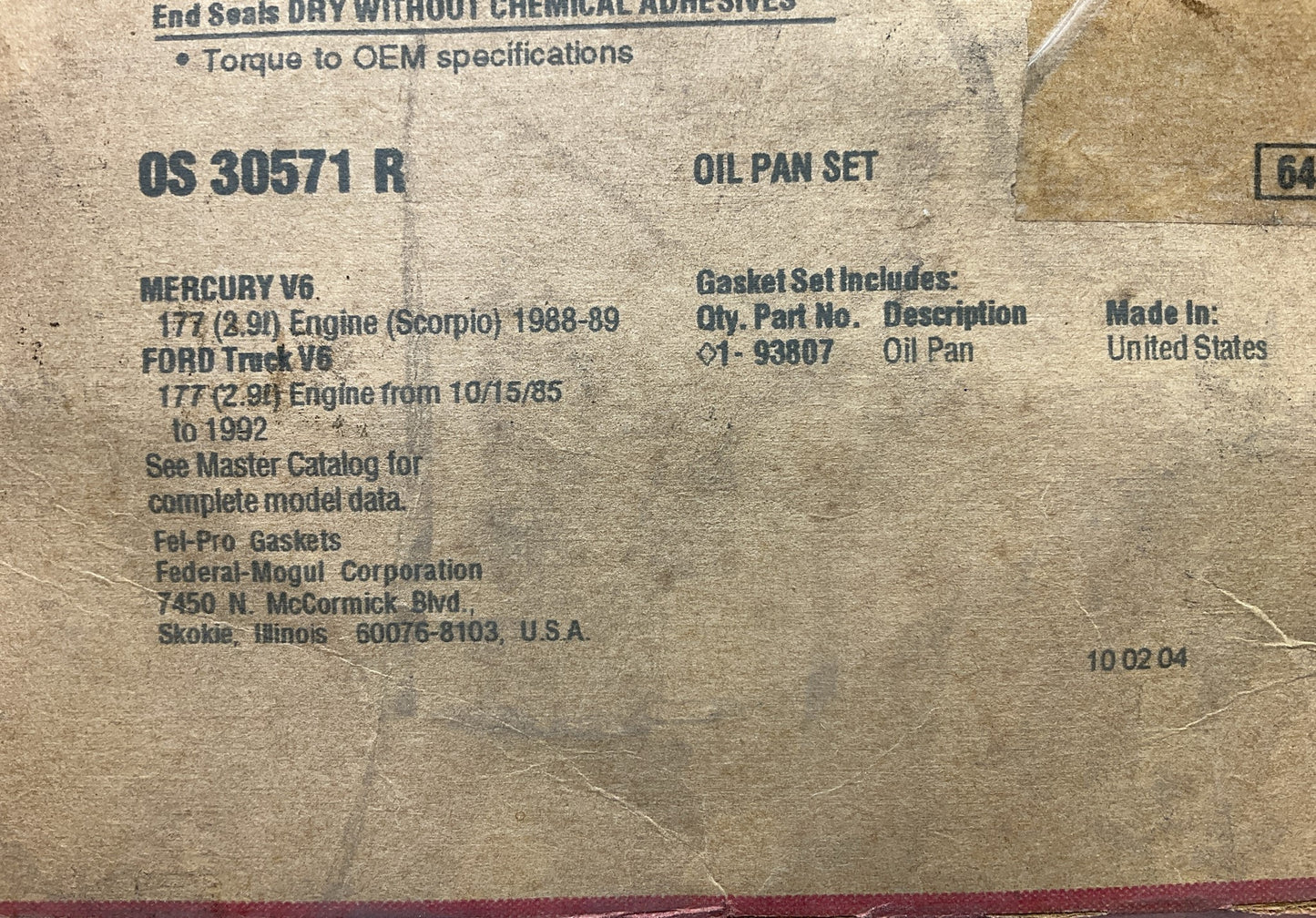 Fel-Pro OS30571R Engine Oil Pan Gasket - 1986-1992 Ford 2.9L V6