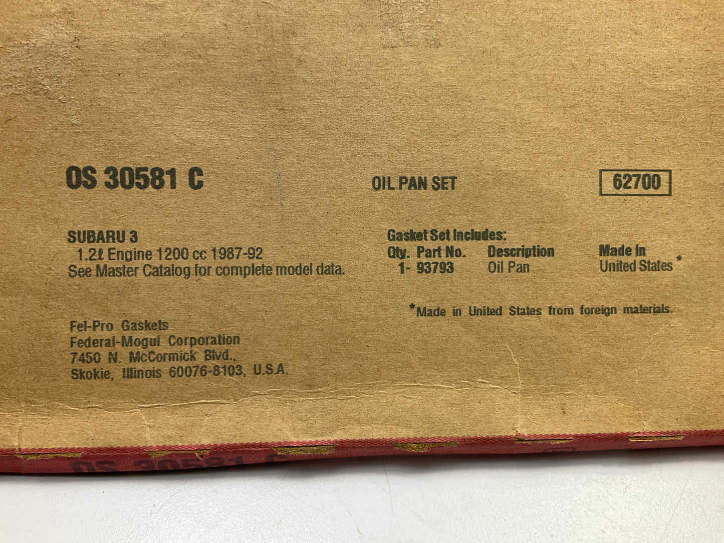 Fel-Pro OS30581C Engine Oil Pan Gasket For 1987-1995 Subaru Justy 1.2L-L3