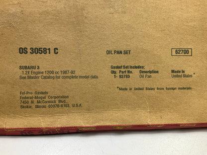 Fel-Pro OS30581C Engine Oil Pan Gasket For 1987-1995 Subaru Justy 1.2L-L3