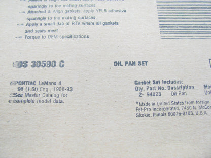Fel-pro OS30590C Engine Oil Pan Gasket Set for 1988-1993 Pontiac 1.6L-L4