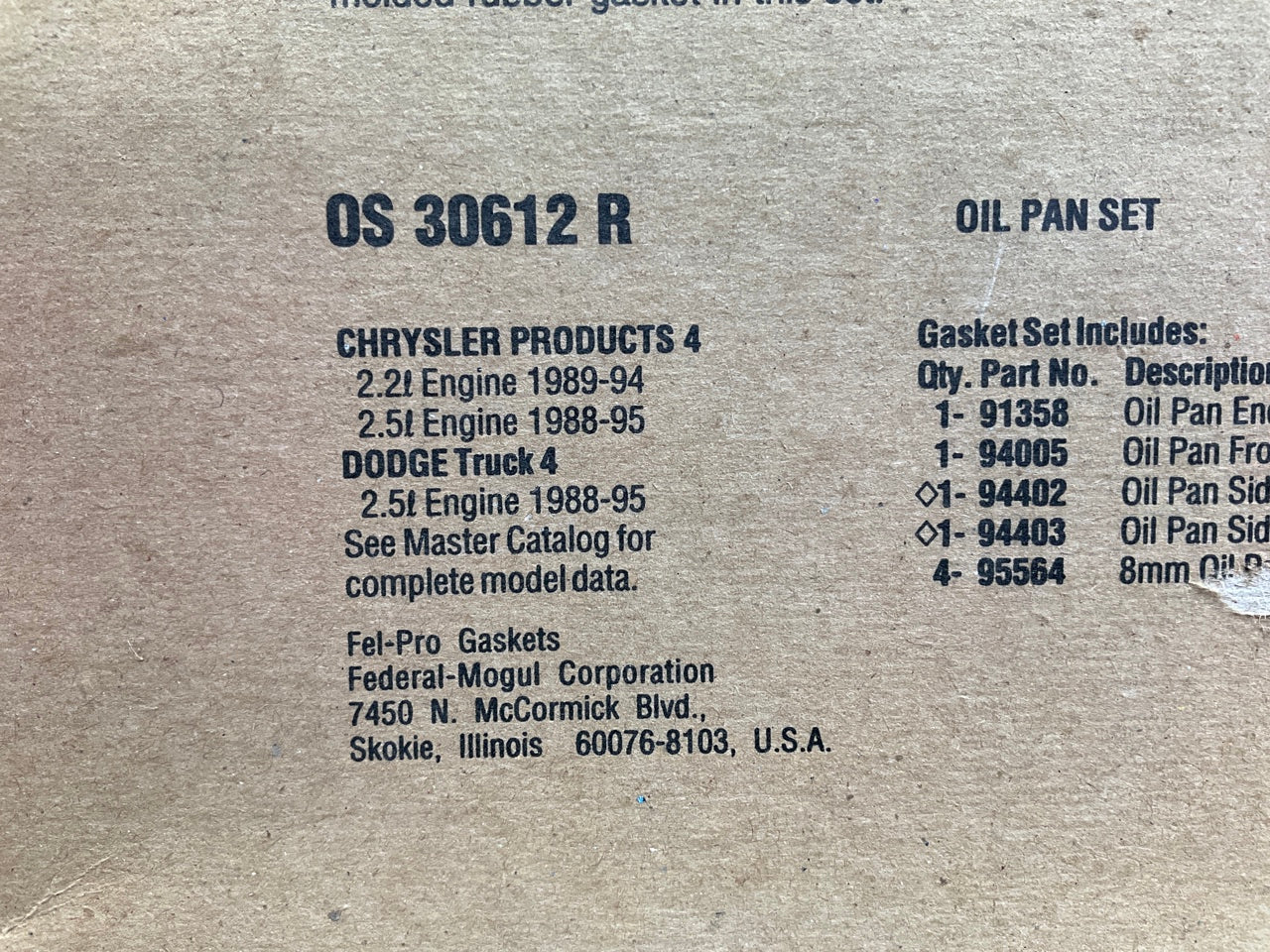 Fel-Pro OS30612R Engine Oil Pan Gasket Set For 1988-1995 Chrysler  2.2L 2.5L I4
