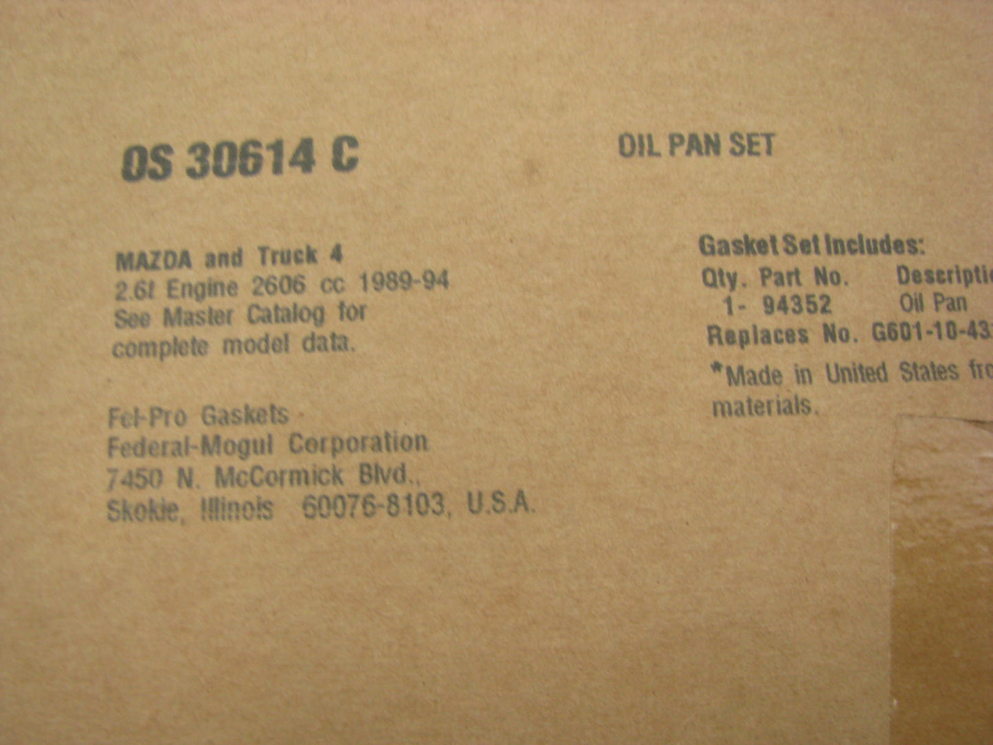 Fel-Pro OS30614C Engine Oil Pan Gasket 1989-94 Mazda 2.6L L4