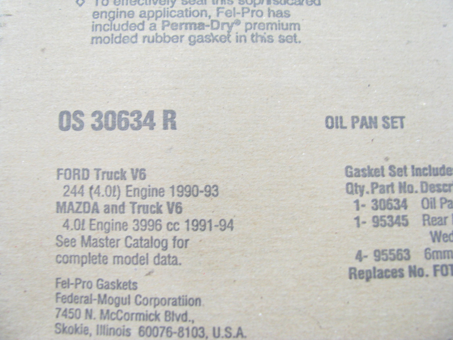 Fel-Pro OS30634R Engine Oil Pan Gasket Set 1990-93 Ford, 1993 Mazda 4.0L V6