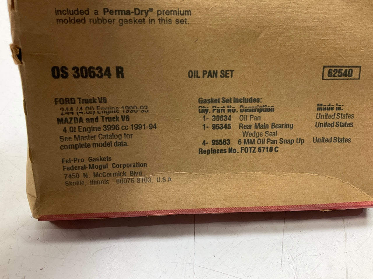 Fel-Pro OS30634R Engine Oil Pan Gasket Set 1990-93 Ford, 1993 Mazda 4.0L V6